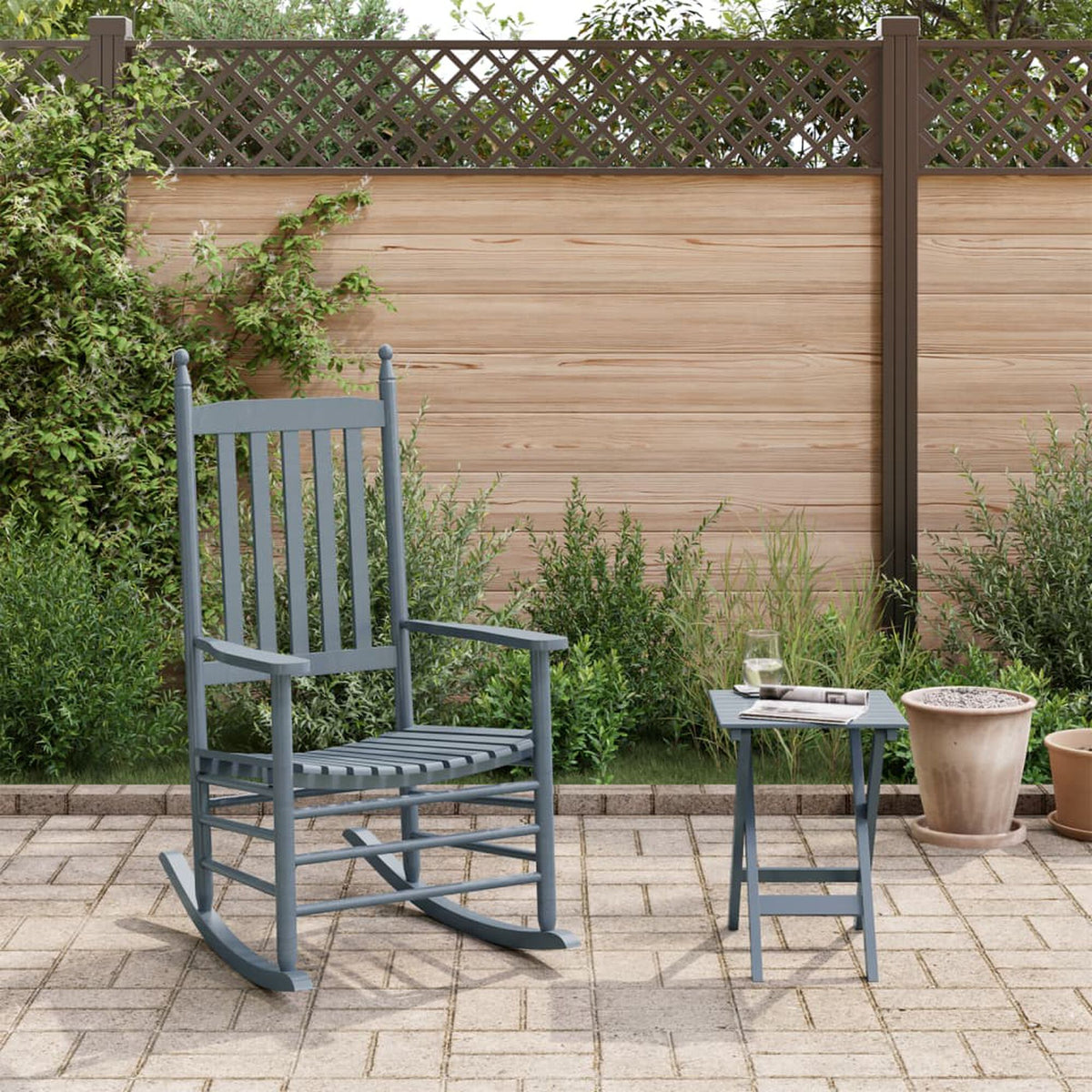 Fauteuil à bascule jardin bois Bascova Gris, chaise + table - vue 2