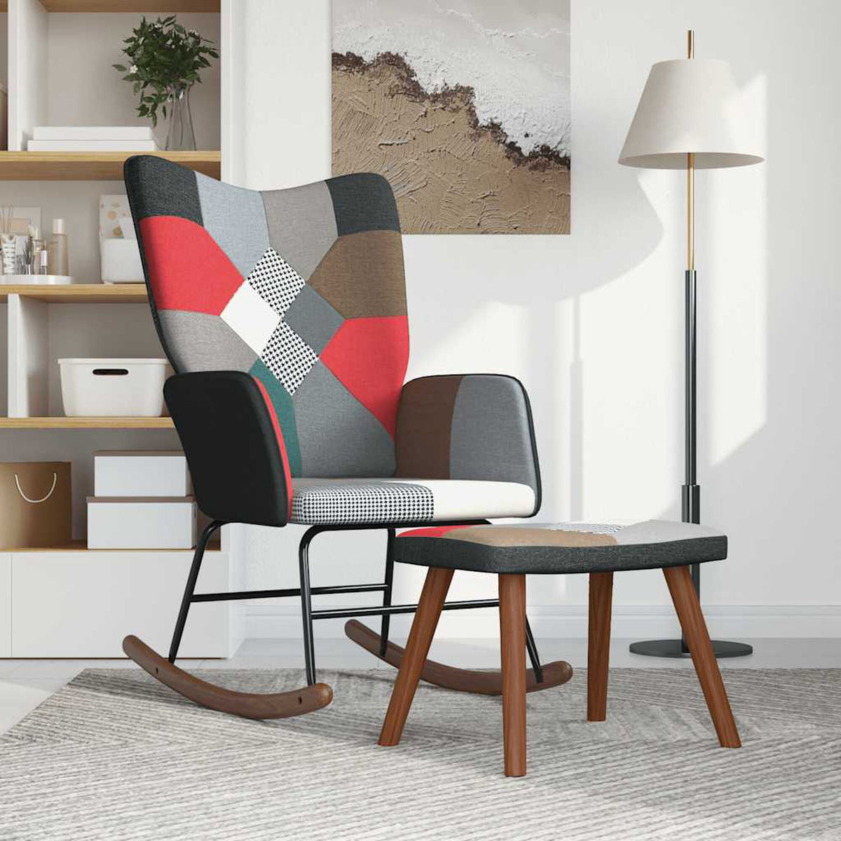 Fauteuil à bascule patchwork Bascova noir avec tabouret - vue 2