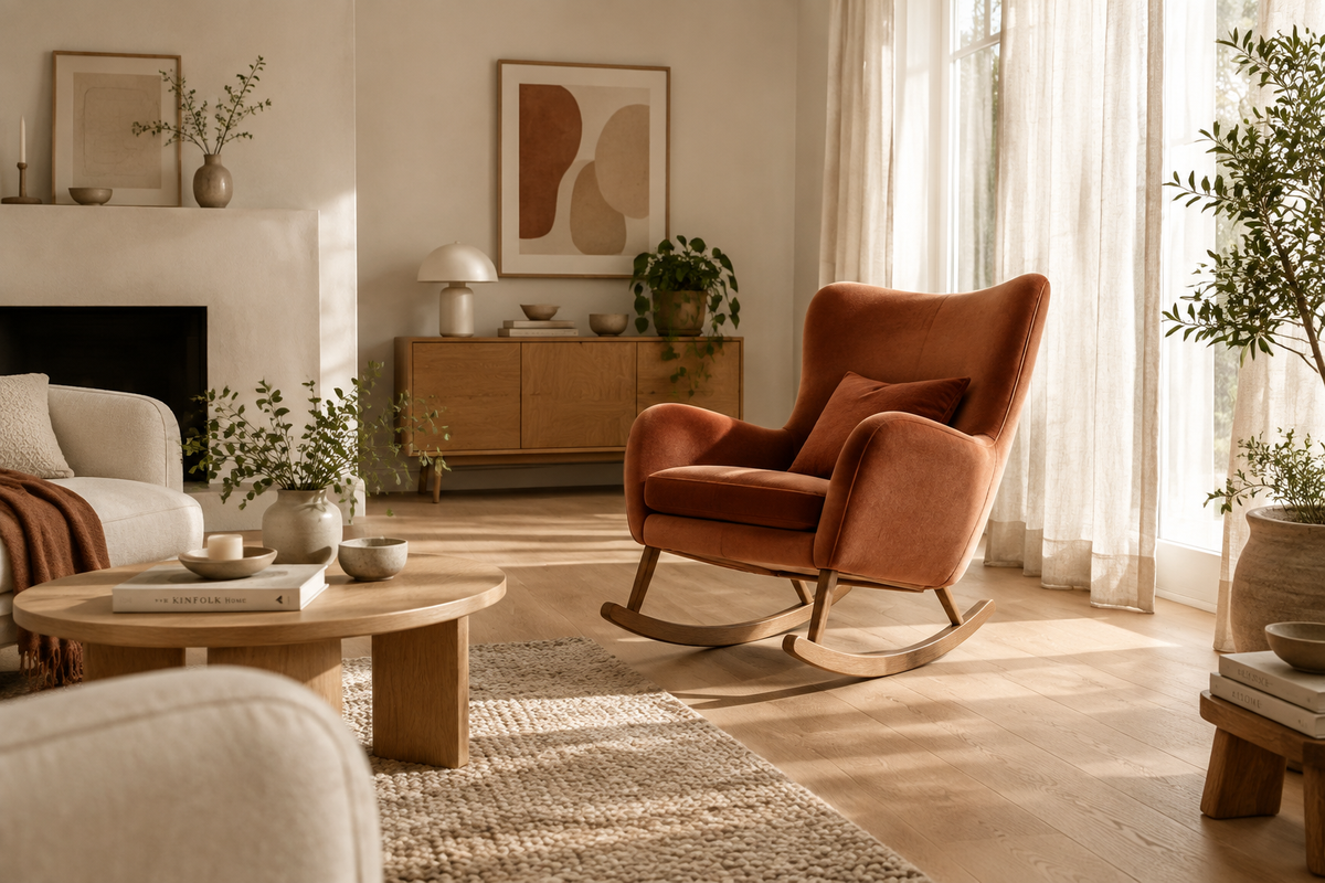 Salon scandinave avec fauteuil à bascule terracotta