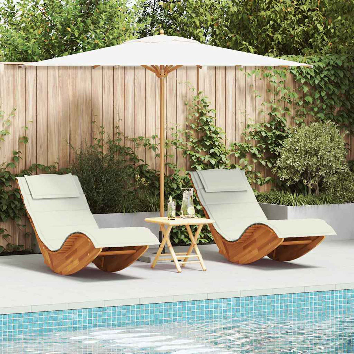 Chaises longues à bascule acacia Bascova coussin blanc crème, lot de 2 - vue 2