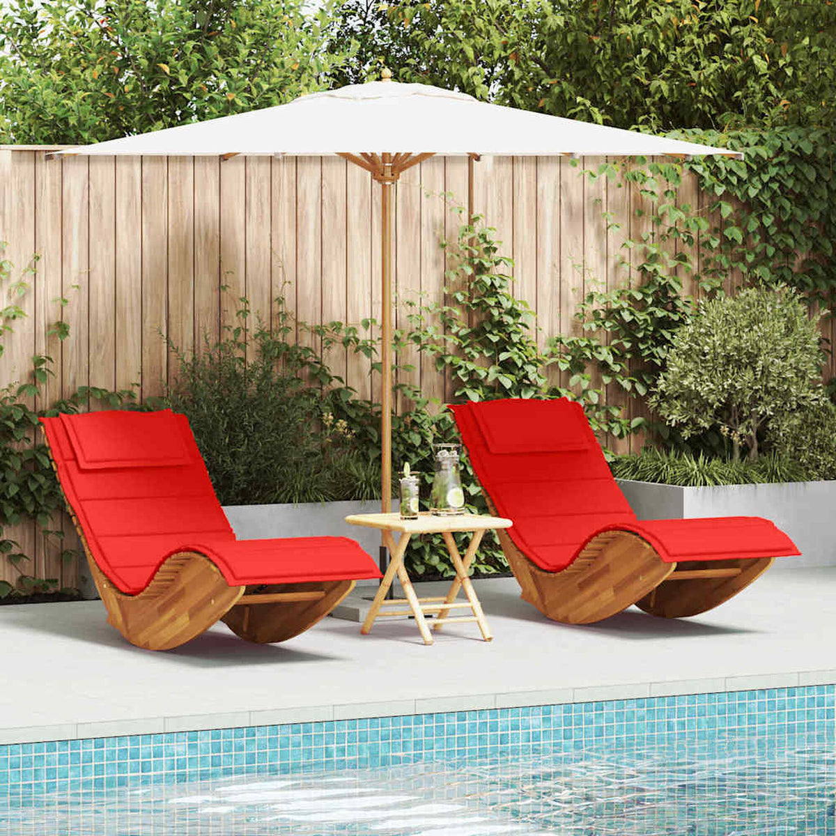 Chaises longues à bascule acacia Bascova coussin rouge, lot de 2 - vue 2