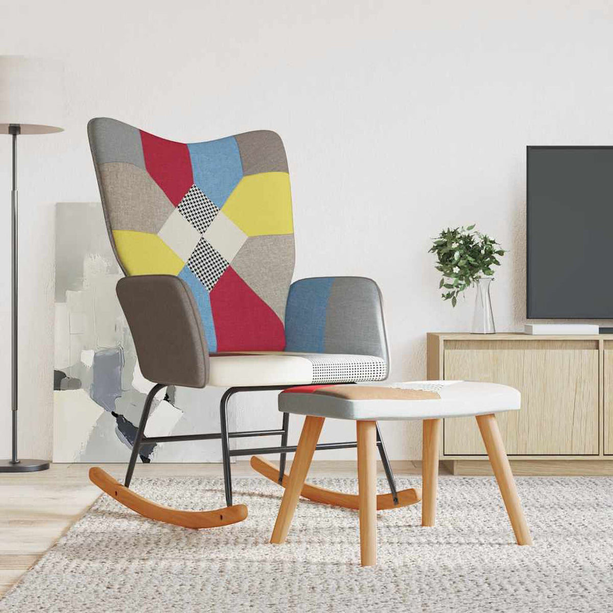Fauteuil à bascule patchwork Bascova gris avec tabouret - vue 1